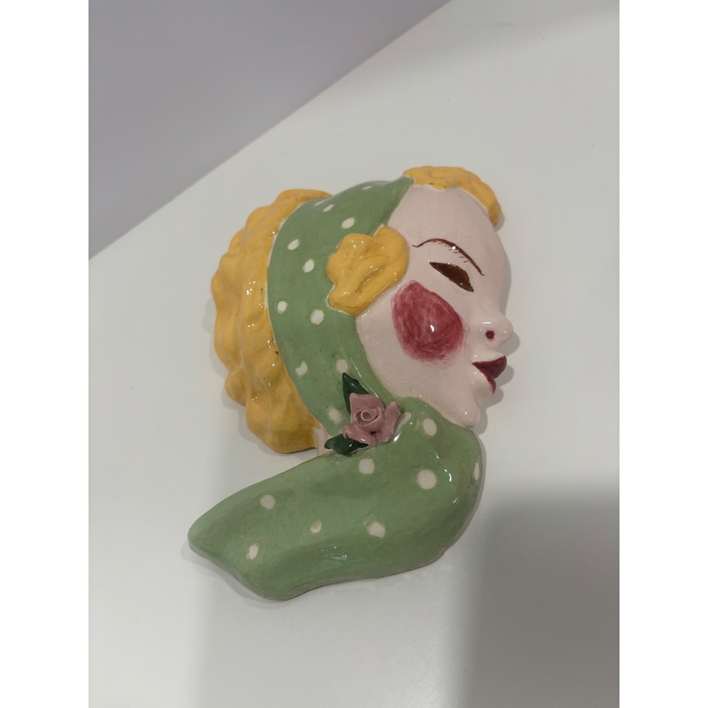 Vintage Ceramic Lady Head Wall Pocket Mask Green Polka Dot Scarf Pink Rose 6.5"